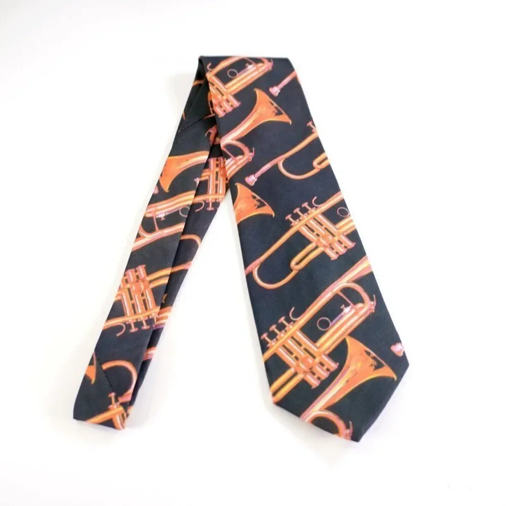 Vintage Ralph Marlin Light Black Orange Trumpeter Short Polyester Tie‎